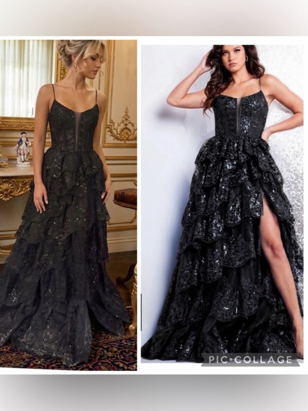 NWT JOVANI 38144 Black Tulle Layered High Slit Gown Sequined Formal Maxi